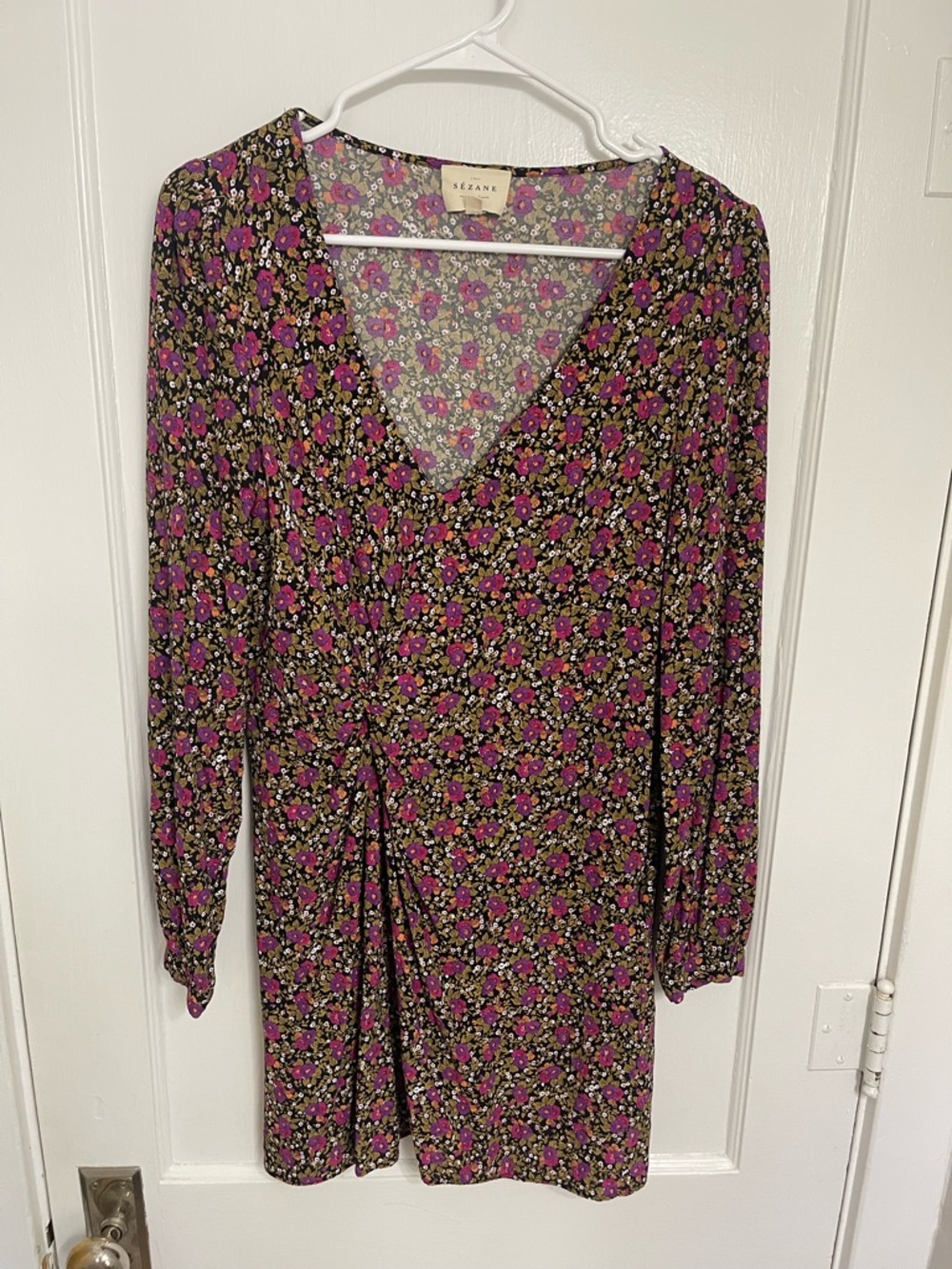 Sezane Pink and Black Floral Long Sleeve Wrap Dress